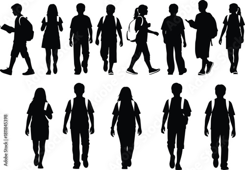 Collection of diverse school students with backpacks in various walking and standing poses, symbolizing education, youth, back-to-school season, learning, and future.