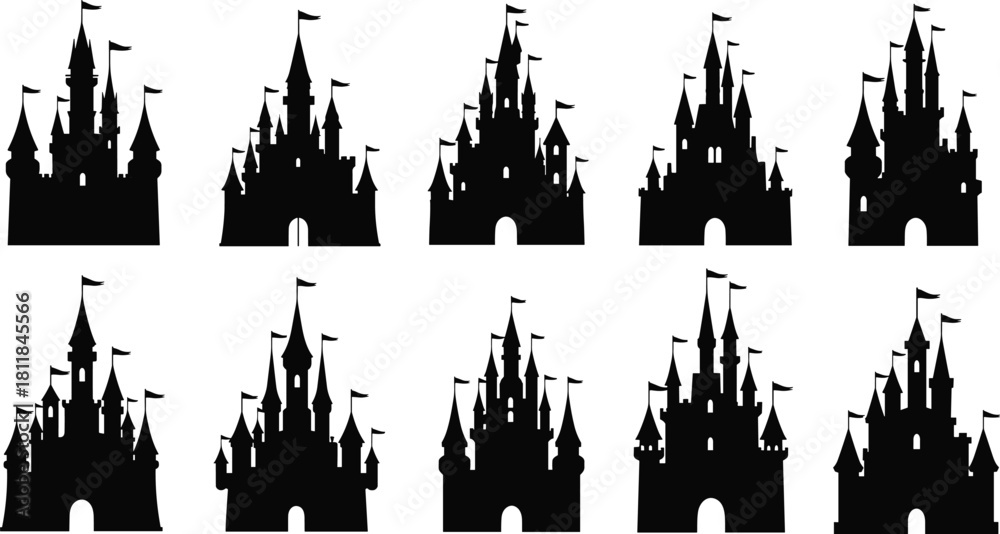 Naklejka premium Collection of majestic fairytale castle silhouettes featuring towers and flags, perfect for representing fantasy, magic, royalty, dreams, and iconic landmarks.