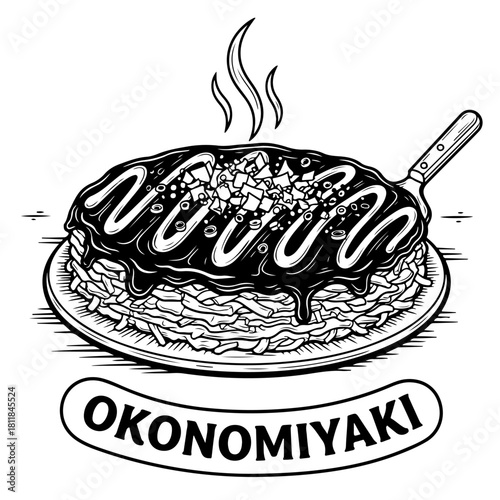 A black and white illustration of a steaming hot Japanese Okonomiyaki pancake on a plate with a spatula.