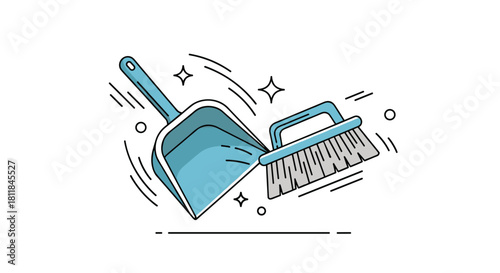 Minimalist line art illustration of a blue dustpan and brush for cleaning with sparkles and lines indicating sweeping action.