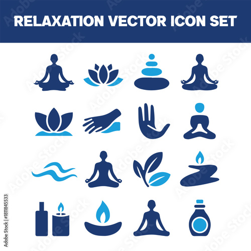 Spa, Wellness, and Relaxation Solid Vector Icon Set: Yoga, Massage, and Zen Symbols