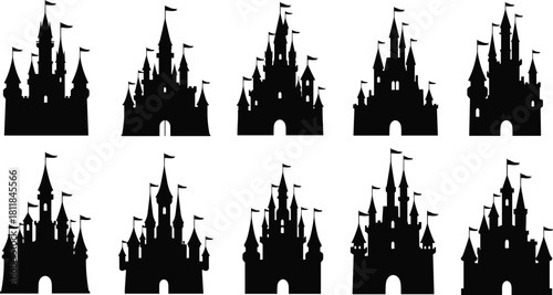 Collection of majestic fairytale castle silhouettes featuring towers and flags, perfect for representing fantasy, magic, royalty, dreams, and iconic landmarks.