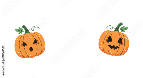 Two cute cartoon jack-o-lantern pumpkins with funny carved faces expressing surprise and mischief for Halloween celebrations.