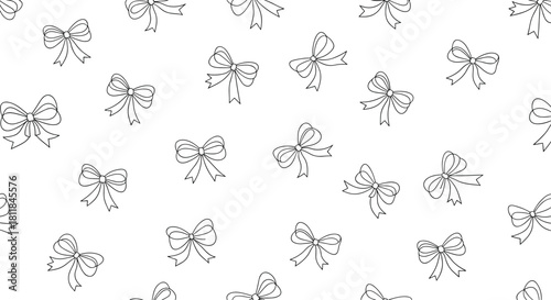 Simple and elegant seamless pattern of hand-drawn gift bows in a minimalist black and white outline style on a clean background.