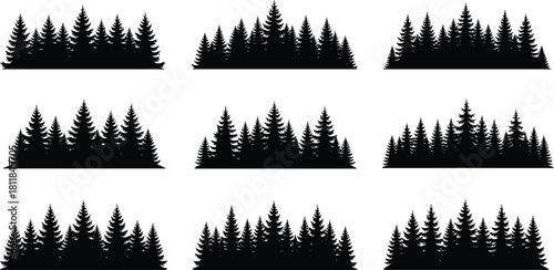 Collection of nine detailed evergreen forest silhouettes, showcasing pine trees and firs, perfect for depicting wilderness, nature, landscape, camping, and outdoor adventure themes.