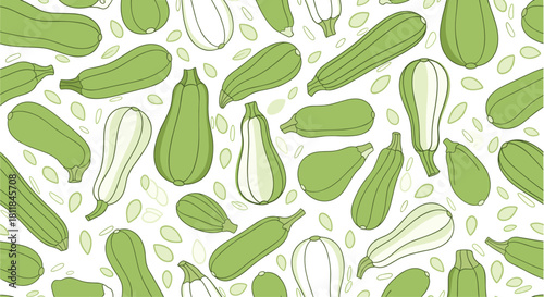 Seamless food pattern with fresh green zucchini and summer squash vegetables scattered randomly on a clean white background.