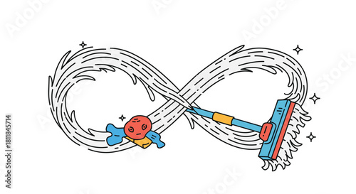 Creative line art concept of endless cleaning with a mop and sponge creating an infinity symbol from a splash of water.