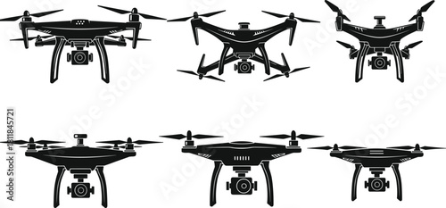 Collection of six modern drone silhouettes with mounted cameras, representing aerial photography, remote control technology, surveillance, delivery, and professional filming equipment.