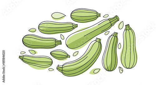 A fresh collection of green zucchini and summer squash in a simple outline style with delicate green watercolor accents.
