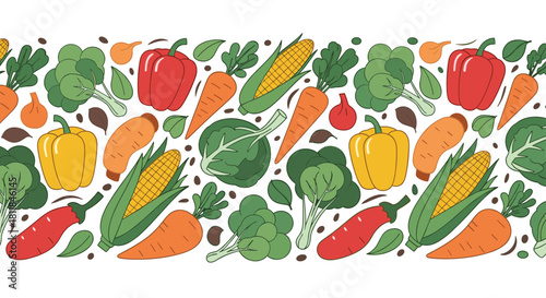 A wide seamless horizontal border of colorful fresh vegetables including bell peppers carrots corn and broccoli on a background.