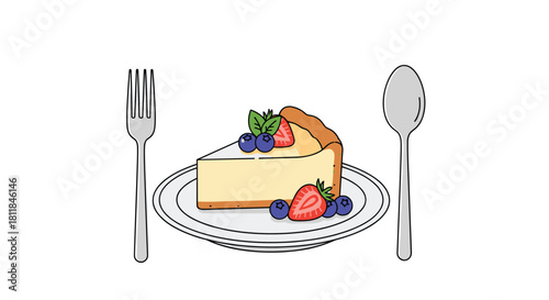 A delicious slice of creamy cheesecake topped with fresh mint blueberries and a strawberry on a plate with fork and spoon.