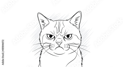 A simple black and white line art portrait of a very grumpy and angry cat with a furrowed brow looking directly at the viewer.