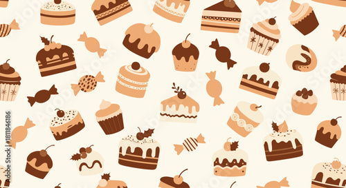 Seamless pattern of delicious cakes cupcakes and candies in a warm brown and beige color palette for a sweet background design.