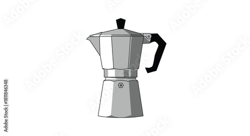 A classic Italian moka pot stovetop espresso maker in a simple and bold black and white graphic vector illustration style.