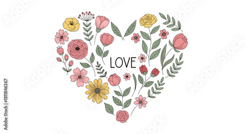 A beautiful heart shape made of delicate hand-drawn flowers and leaves with the word love in the center for a romantic design.