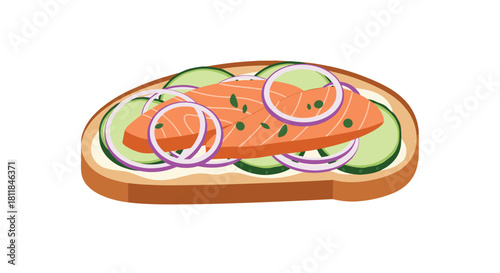 Delicious open-faced sandwich or toast with cream cheese sliced cucumber fresh salmon and red onion rings on a background.