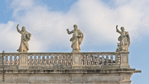 Sculptures on top of the roof of Sao Marco, old hospital in Braga, Portugal, now housing a hotel. 