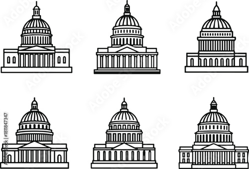 Historic government building dome, classical architecture landmark, capitol parliament house, heritage monument design, political structure illustration, cad drawing flat vector illustration