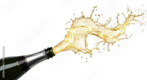 Champagne bottle popping open with a celebratory golden liquid splash against a white background.
