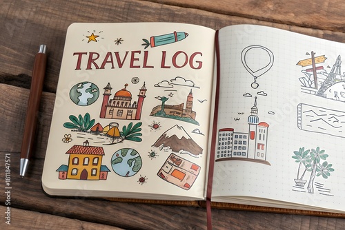 Travel log notebook with colorful hand drawn illustrations