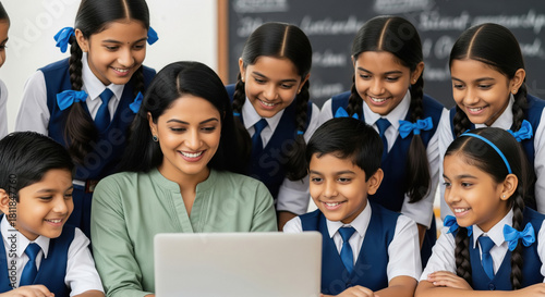 A cheerful Indian teacher and enthusiastic students in school uniforms are gathered around a laptop, engaged in a lively classroom