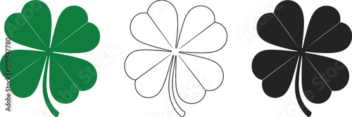 Three Clover Leaf Icons Green Outline Black Silhouette on White Background shamrock symbol