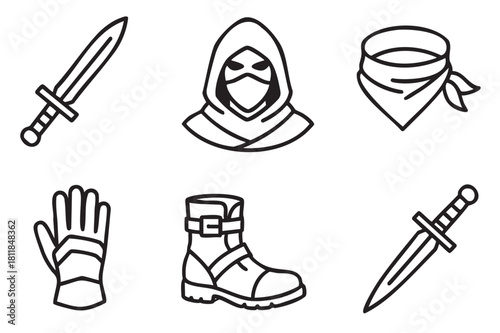 Set of black and white line art icons for a fantasy rogue or assassin character, including a sword, dagger, hooded mask, bandana, gauntlet, and boot