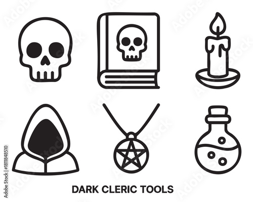 Simple black and white icon set for role-playing games or fantasy concepts, featuring occult symbols like a skull, spellbook, candle, cultist, pentagram, and potion
