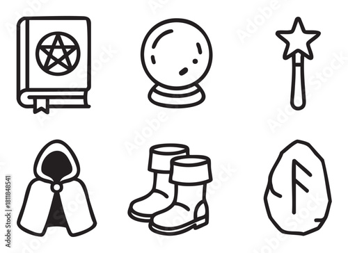 Set of black and white line art icons representing magic and fantasy themes, including a spellbook, crystal ball, wand, cloak, boots, and a rune stone