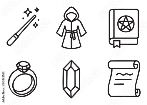 Set of six minimalist black line art icons representing magic and fantasy themes, including a wand, robe, spellbook, crystal, ring, and scroll