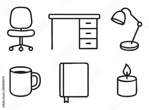 Minimalist set of black line icons representing a cozy home office or study space with a desk, chair, lamp, book, coffee mug, and lit candle