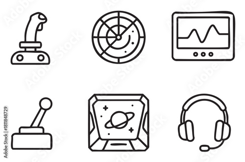 Set of six hand-drawn line art icons representing aviation, gaming, and space themes, featuring a joystick, radar, monitor, lever, spaceship window, and headset