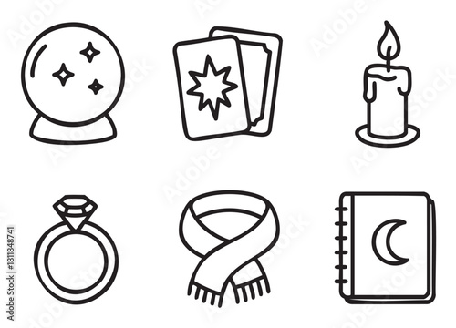 Collection of six minimalist line art icons for magic and spirituality, featuring a crystal ball, tarot cards, candle, ring, scarf, and spellbook