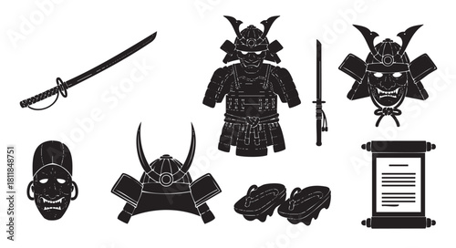 Diverse set of traditional Japanese samurai warrior equipment and cultural artifacts, including helmets, masks, armor, swords, sandals, and a scroll, presented as graphic black silhouettes