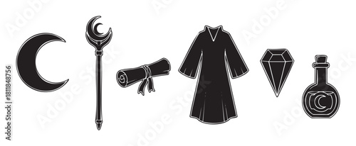 Collection of black and white fantasy icons for a wizard or mage, featuring a crescent moon, magic staff, scroll, robe, gemstone, and a poti