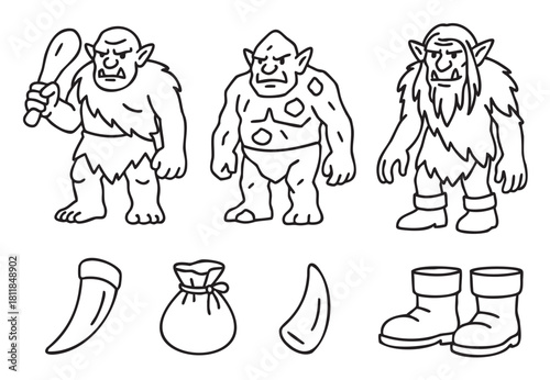 Set of cartoon fantasy monster characters, including trolls and ogres with accessories like a club and boots, illustrated in a simple black and white line art style