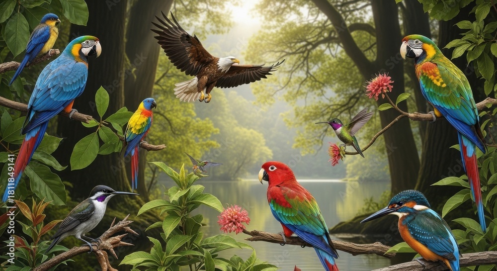 Fototapeta premium Exotic avian assemblage: A vibrant tapestry of birds in lush paradise setting