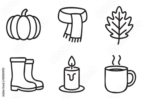 Minimalist vector icon set featuring classic autumn symbols: a pumpkin, cozy scarf, fall leaf, rubber boots, a lit candle, and a steaming hot drink, all in a simple line art style