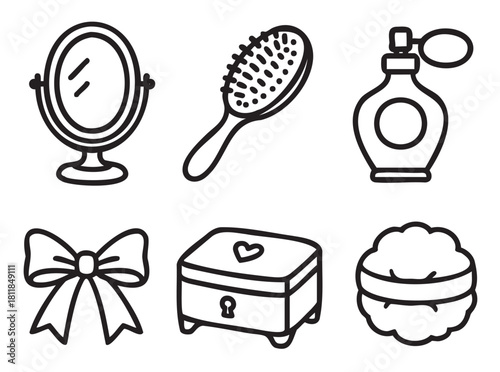 Minimalist icon set of six hand-drawn feminine beauty and cosmetic accessories, featuring a vanity mirror, hairbrush, perfume bottle, bow, jewelry box, and powder puff