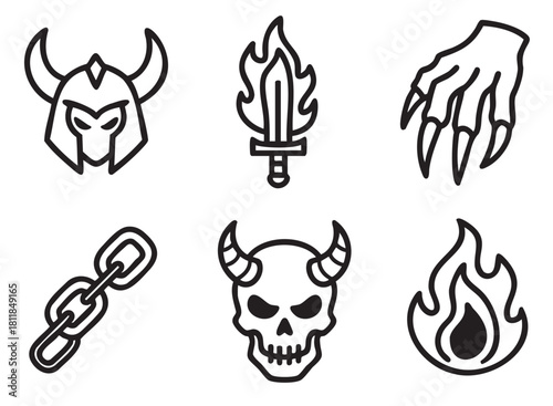 Set of black and white line art icons with a dark fantasy theme, including a horned helmet, flaming sword, monster claw, chain, demon skull, and fire symbol