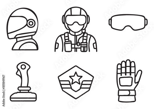 Set of six black and white line art icons representing aviation and pilot equipment, including a helmet, goggles, joystick, glove, and military insignia