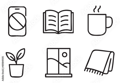Hand-drawn vector icon set illustrating the concept of digital detox, self-care, and cozy home comfort with a book, hot drink, plant, and warm blanket