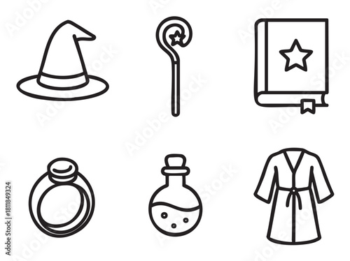 Collection of minimalist black line art icons representing magic and fantasy elements, including a wizard hat, staff, spell book, ring, potion, and robe
