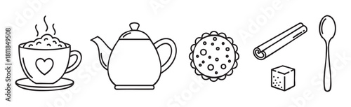 Collection of black and white line art icons for a hot beverage break, featuring a steaming cup, teapot, biscuit, cinnamon stick, sugar cube, and spo
