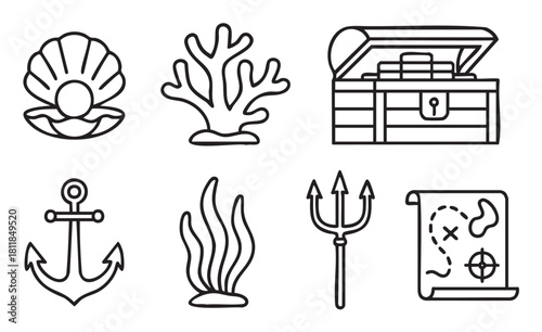Collection of hand-drawn nautical and pirate-themed icons, including a treasure chest, map, anchor, trident, and seashell