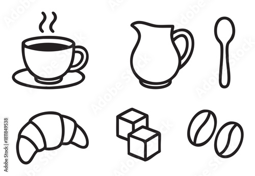 Set of black and white line art icons representing a coffee break or breakfast, including a steaming cup, croissant, milk pitcher, sugar cubes, spoon, and coffee beans