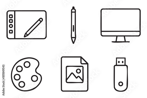 Graphic design and digital art icon set with essential tools including a drawing tablet, pen, monitor, palette, image file, and USB drive in a clean line art style