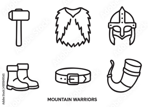 Set of six minimalist line art icons depicting ancient warrior equipment including a hammer, helmet, fur cloak, boots, belt, and drinking horn