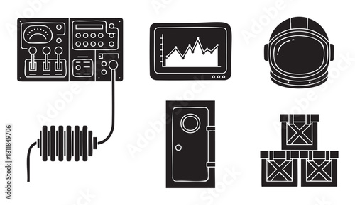 Set of black and white hand-drawn icons for a science fiction theme, featuring a control panel, astronaut helmet, monitor, and other futuristic equipment