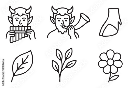 Collection of black and white line art icons depicting mythological fauns playing instruments, a cloven hoof, and simple nature elements like leaves and a flower